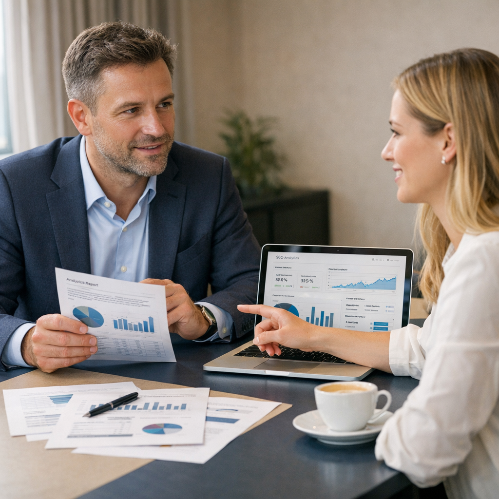 Professional business photography. Confident 38-year-old Polish woman salon owner in Kraków, reviewing Google Search Console on laptop and making notes in a notepad. Modern gray desk, burgundy coffee mug, determined expression, clean beige interior, natural window light. NOT cartoon, NOT illustration