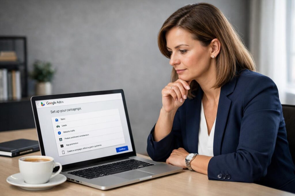 Professional business photography. 42-year-old Polish woman business owner in a modern office examining a laptop screen showing Google Ads campaign setup wizard. Beige desk with coffee cup, navy blue blazer, gray walls, soft natural window light from right. NOT cartoon, NOT illustration