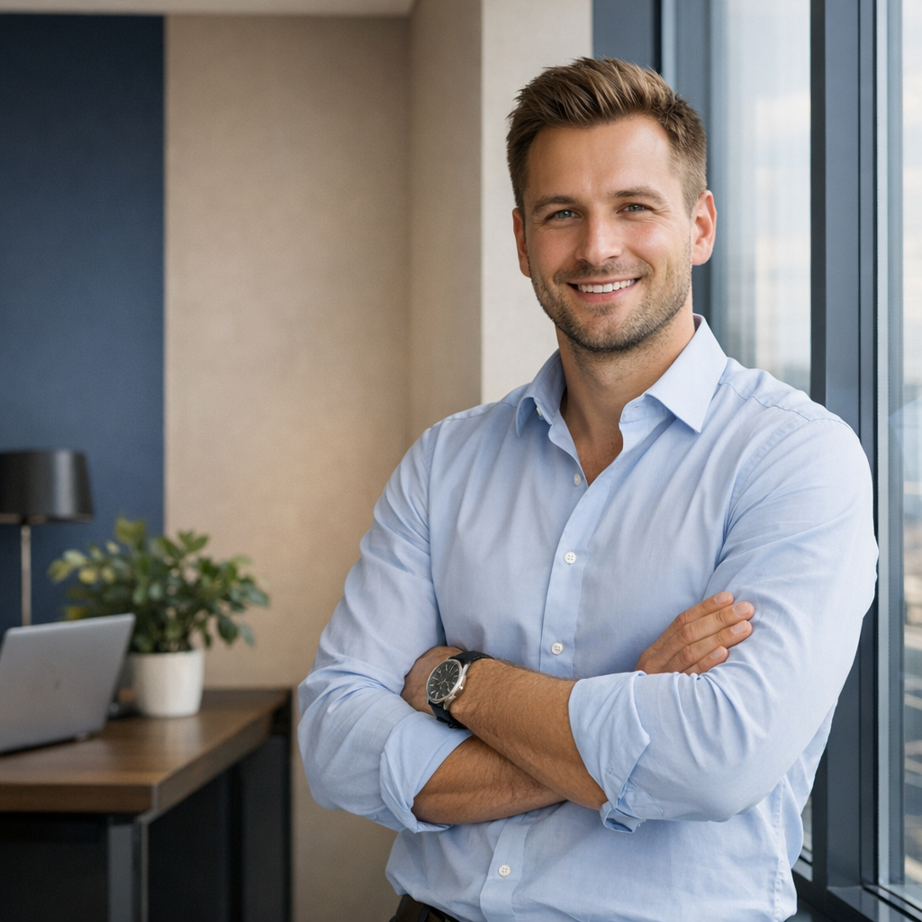 Professional business photography. 30-year-old Polish entrepreneur standing by a large office window with arms crossed, smiling confidently after a successful Google Ads launch. Modern minimalist office, beige walls, navy blue accents, green plant on desk, natural daylight, optimistic mood. NOT cartoon, NOT illustration