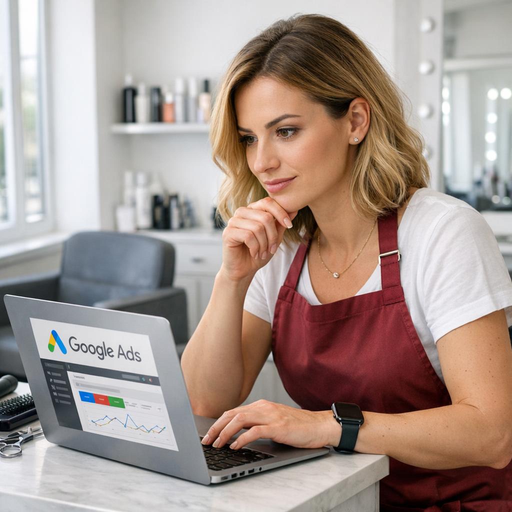 Professional business photography. 30-year-old Polish hairstylist in a bright salon in Toruń setting up a Google Ads account on a laptop, intrigued expression. Burgundy apron, white walls, gray styling chair, natural window light from left. NOT cartoon, NOT illustration