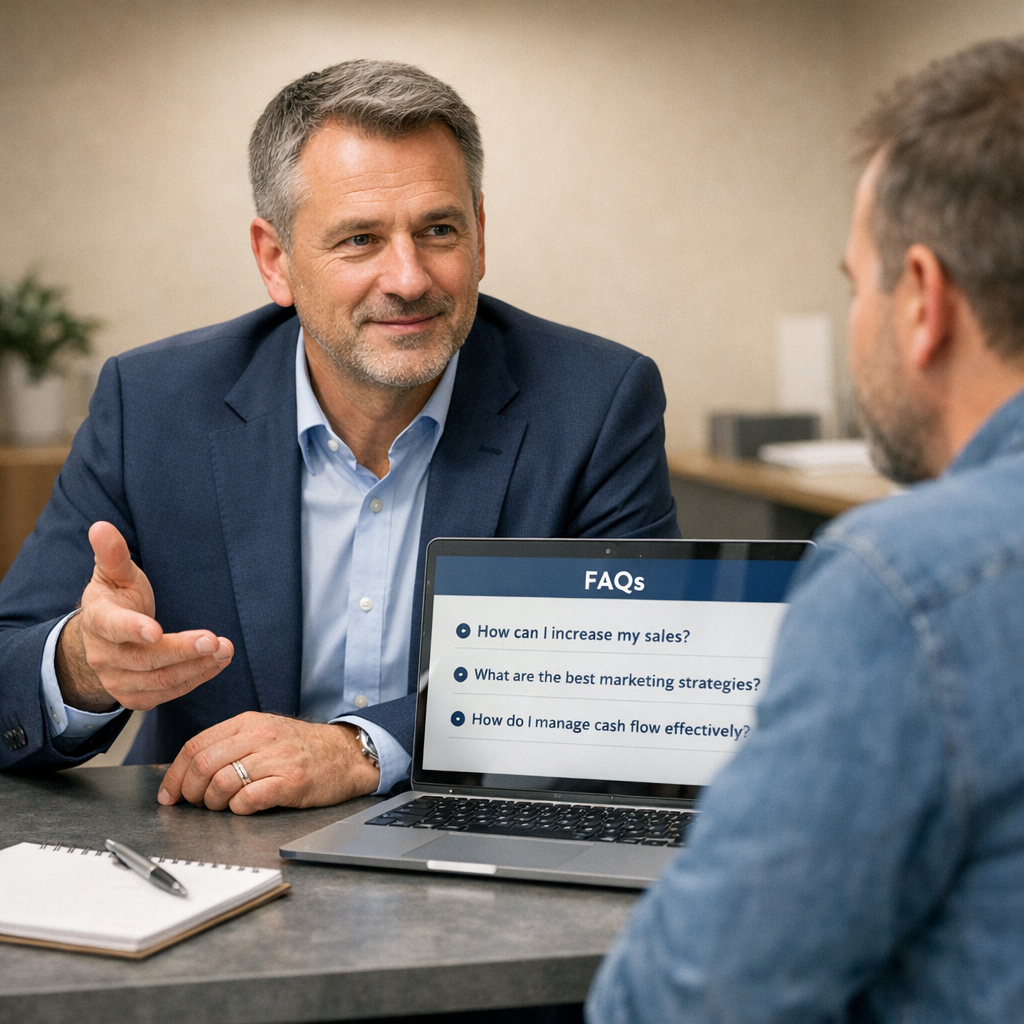Professional business photography. 45-year-old Polish auto workshop owner at his clean desk following a five-step guide on his laptop with a notebook open, focused expression. Gray metal shelf, beige wall, navy blue shirt, soft natural light from window. NOT cartoon, NOT illustration