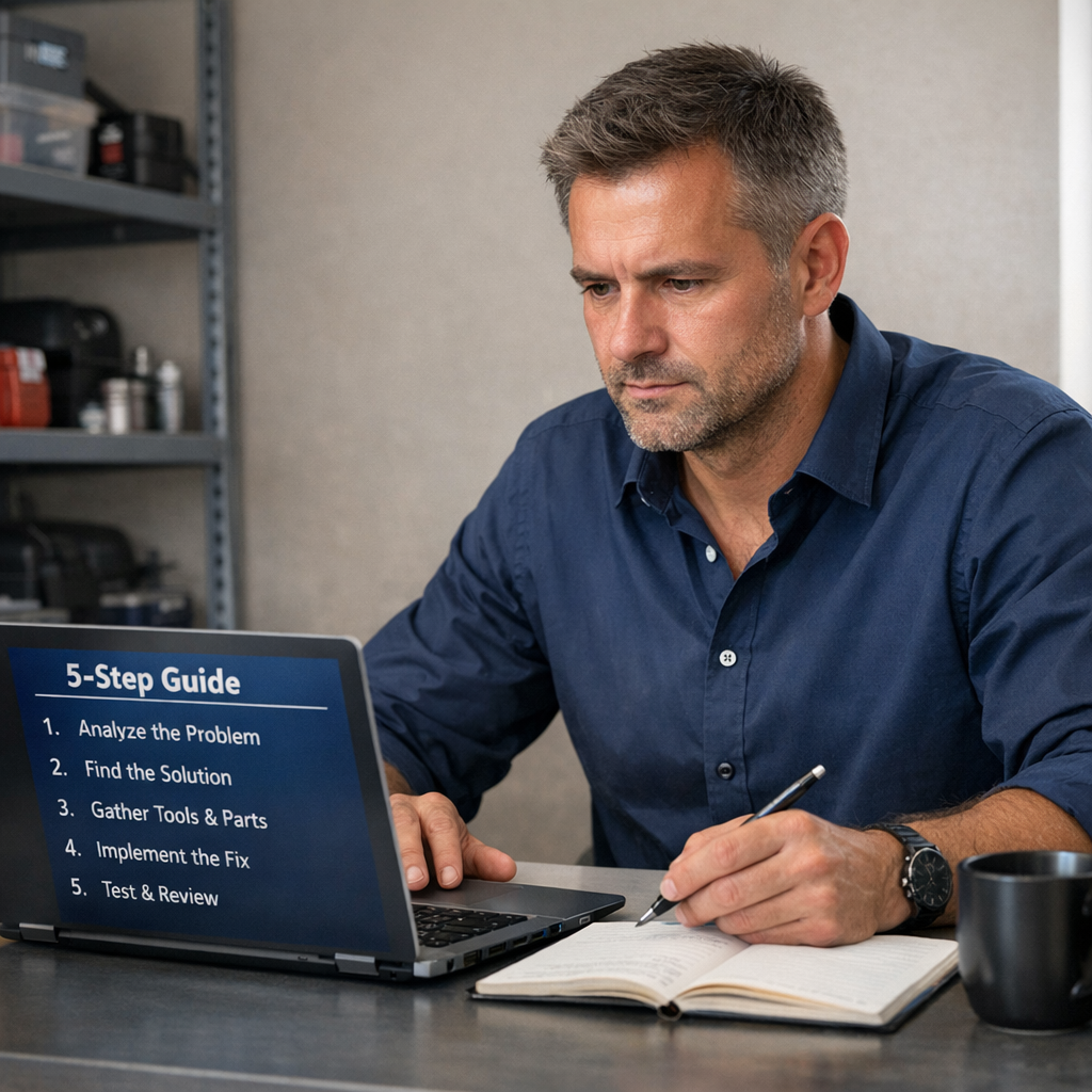 Professional business photography. 35-year-old Polish marketing manager pointing at a clean analytics dashboard on a large monitor showing CPC and conversion charts. Modern desk, navy blue accents, gray walls, muted burgundy chair, natural studio light highlighting the screen. NOT cartoon, NOT illustration
