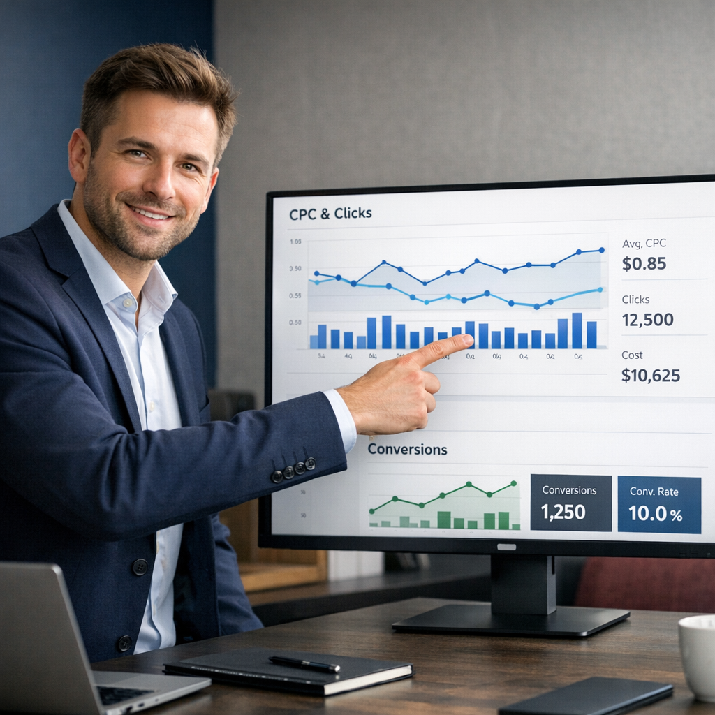 Professional business photography. 50-year-old Polish consultant advising a small business owner over a laptop with FAQs visible on screen, offering guidance. Confident expression, beige office interior, navy blue suit jacket, gray table, white notepad, natural soft light from above. NOT cartoon, NOT illustration