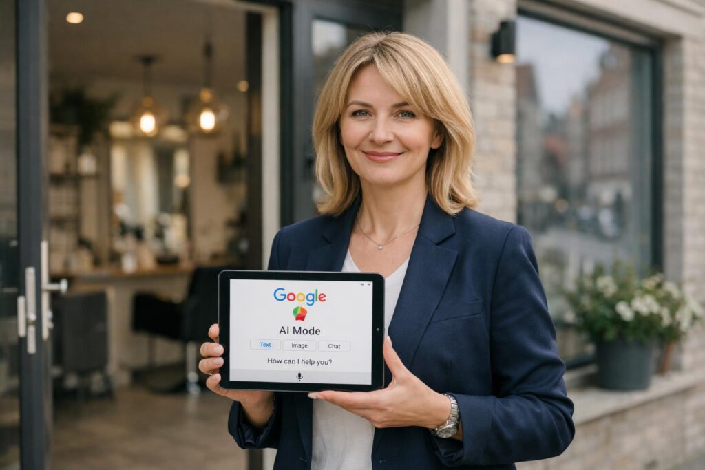 Professional business photography. Wide landscape shot of a 45-year-old Polish hair salon owner in navy blazer standing outside her Gdańsk shop, holding tablet showing Google AI Mode interface. Clean modern aesthetic, muted colors, soft natural light. NOT cartoon, NOT illustration