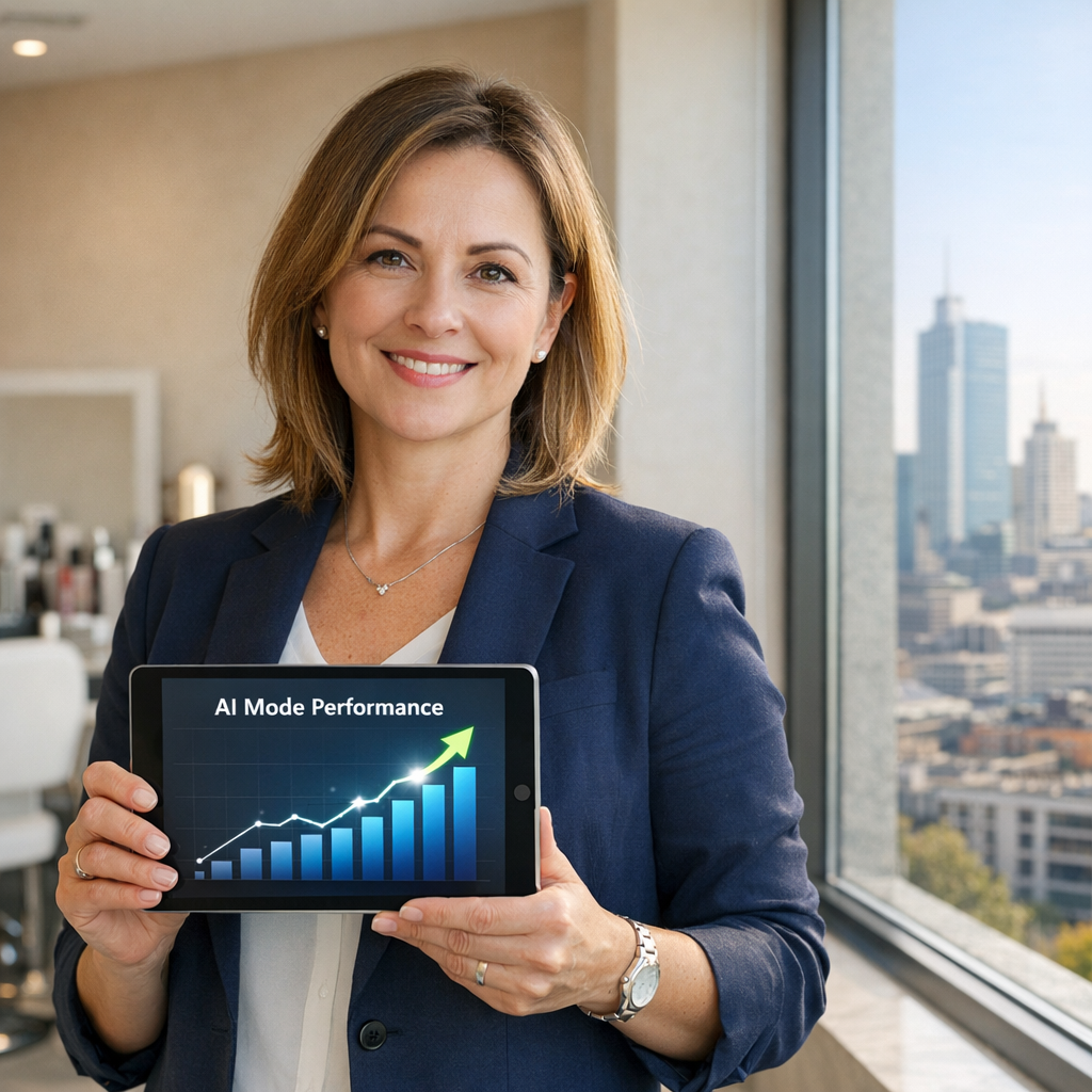 Professional business photography. Optimistic 42-year-old Polish salon owner in navy blazer standing at window overlooking city skyline with a tablet in hand showing rising AI Mode performance graph. Bright modern interior, beige walls, natural morning light. NOT cartoon, NOT illustration