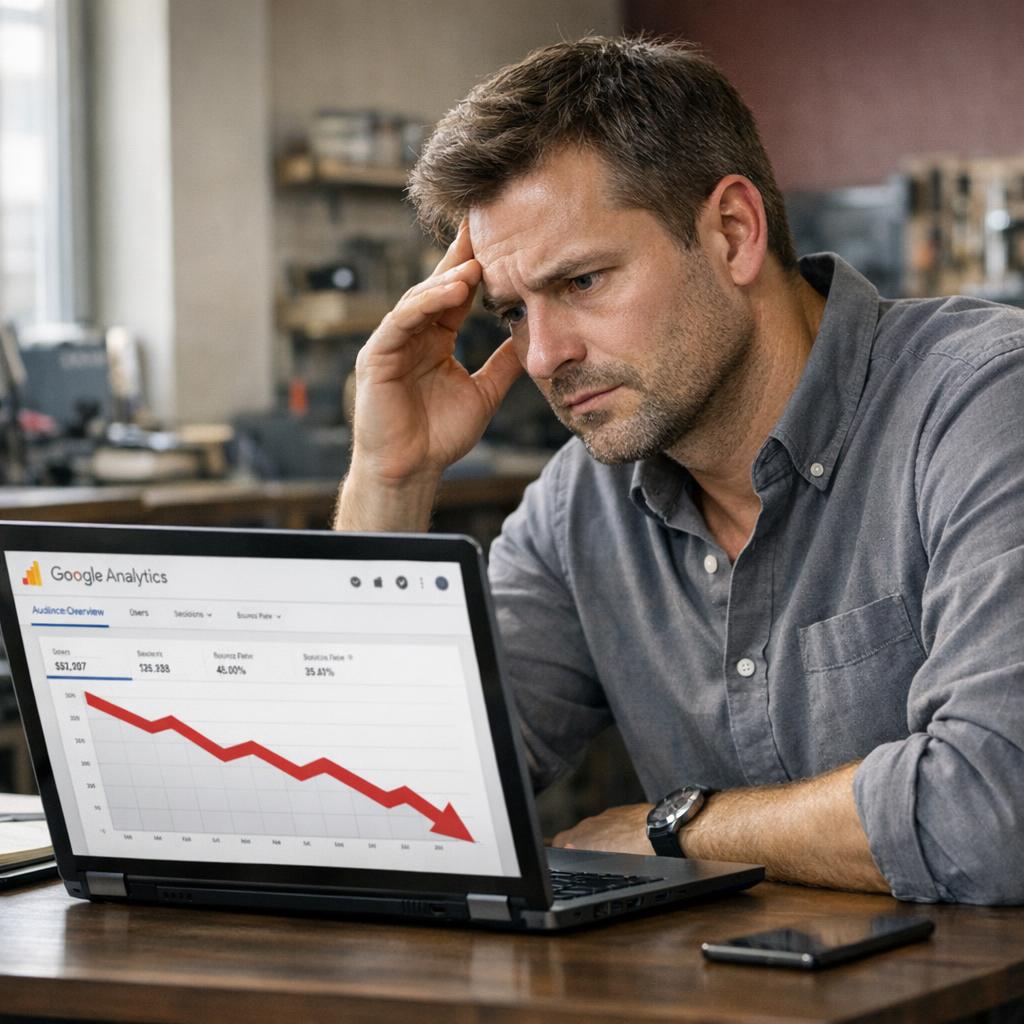 Professional business photography. Worried 38-year-old Polish workshop owner in gray shirt sits at modern desk reviewing laptop with red downward trend in Google Analytics. Concern on face, muted beige and burgundy decor, natural window light from left, sharp focus on screen. NOT cartoon, NOT illustration