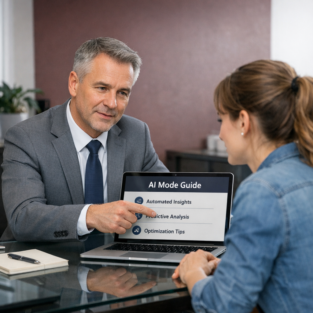 Professional business photography. Confident 35-year-old Polish restaurant owner in white shirt at laptop in modern office, setting up Google Ads AI Mode campaign. Warm beige and gray interior, slight smile, plants in background, natural window light. NOT cartoon, NOT illustration