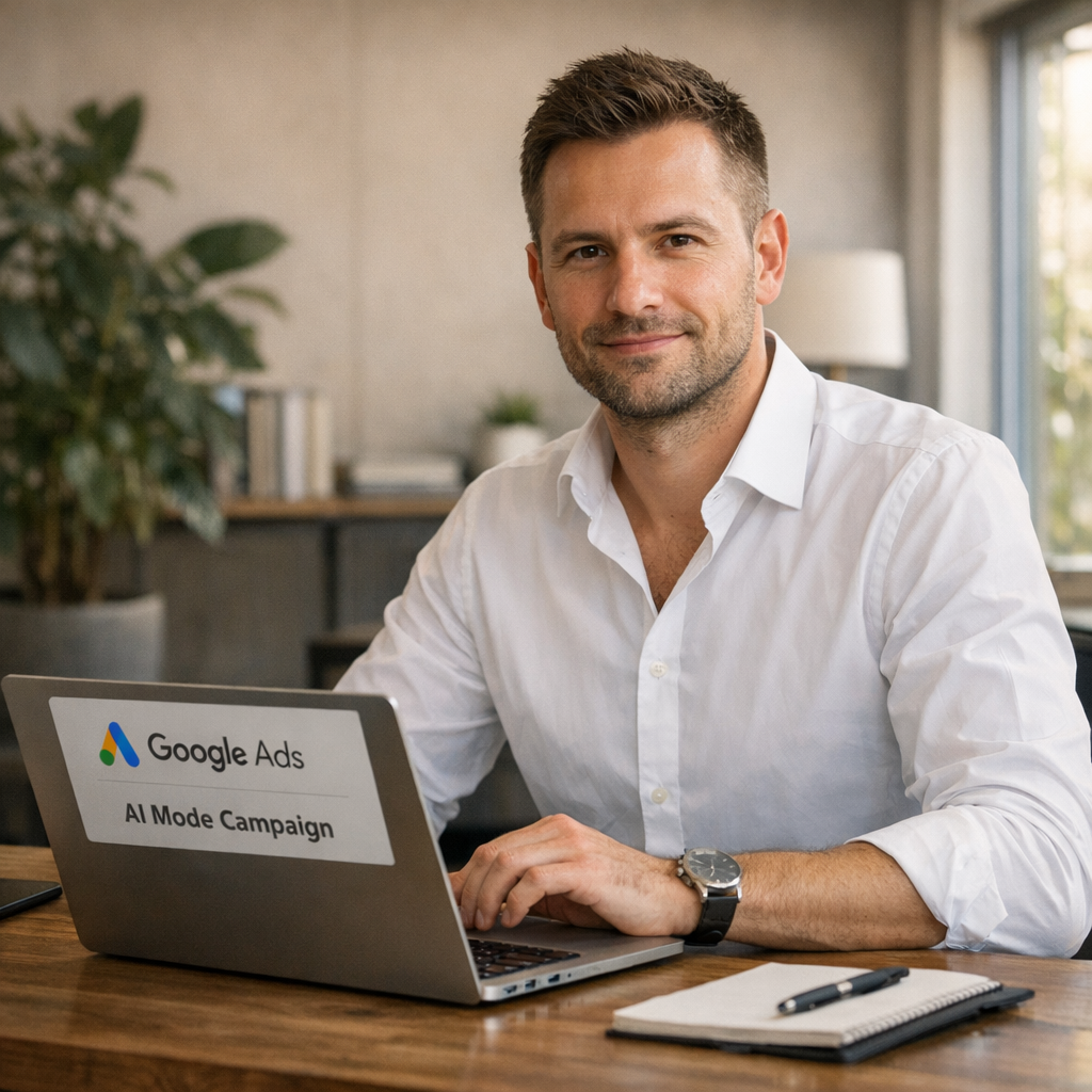 Professional business photography. Close-up of computer screen displaying Google Ads AI Mode dashboard with bar charts, 8.2% CTR, cost per click values, and map pin icons for Kraków. Clean modern beige workspace, muted navy accents, soft daylight, sharp focus. NOT cartoon, NOT illustration