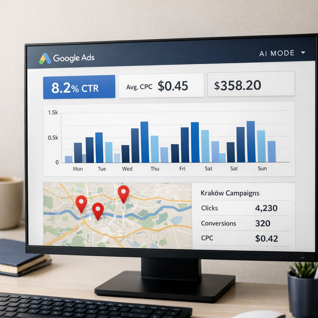 Professional business photography. A 50-year-old Polish male consultant in gray suit sits at glass desk advising a small restaurant owner (30-year-old woman) over open laptop, pointing to AI Mode guide on screen. Modern office, muted burgundy and white palette, natural overhead light. NOT cartoon, NOT illustration
