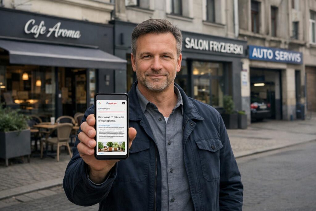 Professional business photography. Wide landscape shot of a Polish high street in Bydgoszcz with café, hair salon and auto workshop. 45-year-old male owner central holding smartphone showing AI Overview. Muted navy and gray palette, soft natural light. NOT cartoon, NOT illustration