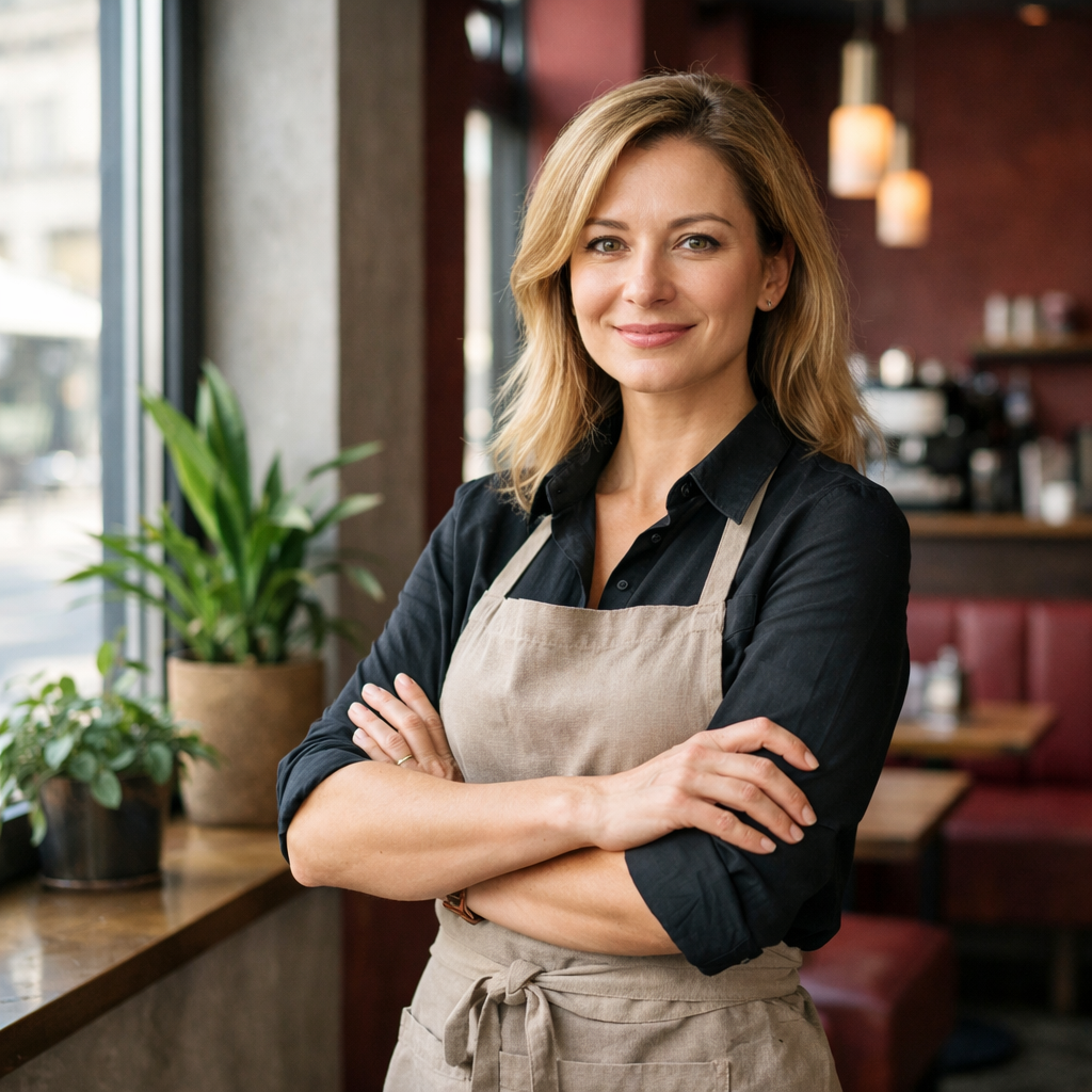 Professional business photography. Optimistic 40-year-old Polish female café owner standing arms crossed near window, confident smile, looking forward. Modern cafe interior with muted burgundy accents, potted plants, natural morning light. Sharp focus, editorial style. NOT cartoon, NOT illustration