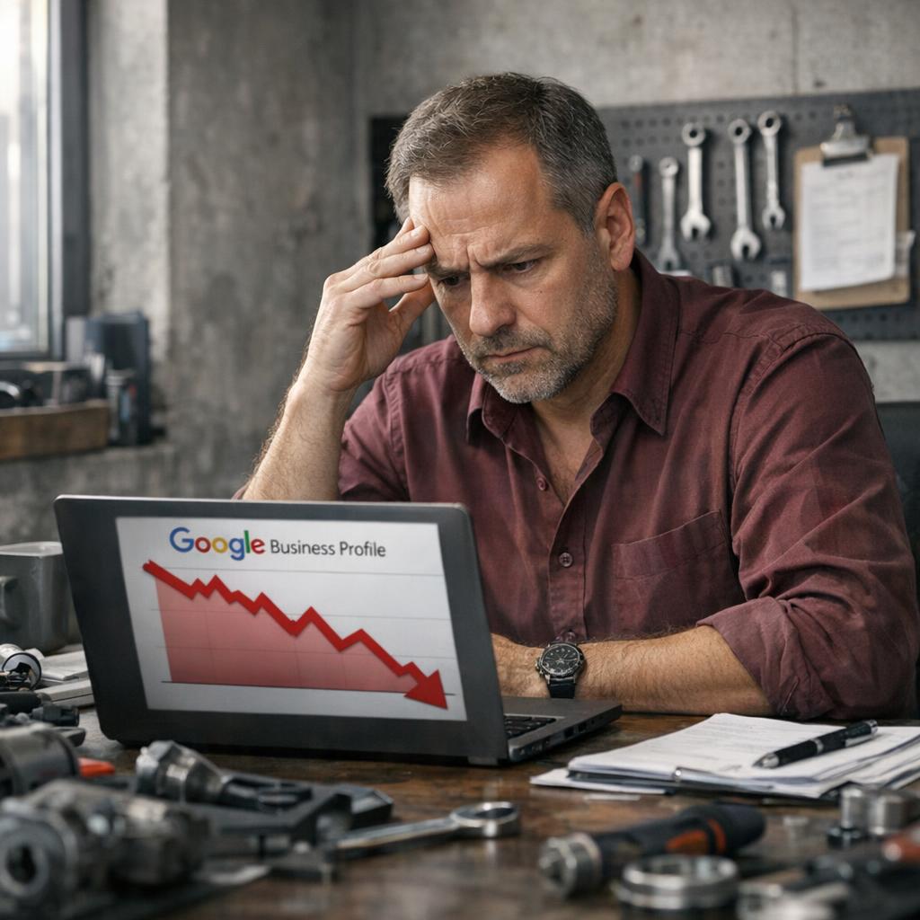 Professional business photography. Worried 45-year-old Polish auto workshop owner at modern desk cluttered with tools, reviewing laptop with red declining Google Business Profile graph. Gray concrete walls, muted burgundy shirt, natural window light from left. NOT cartoon, NOT illustration