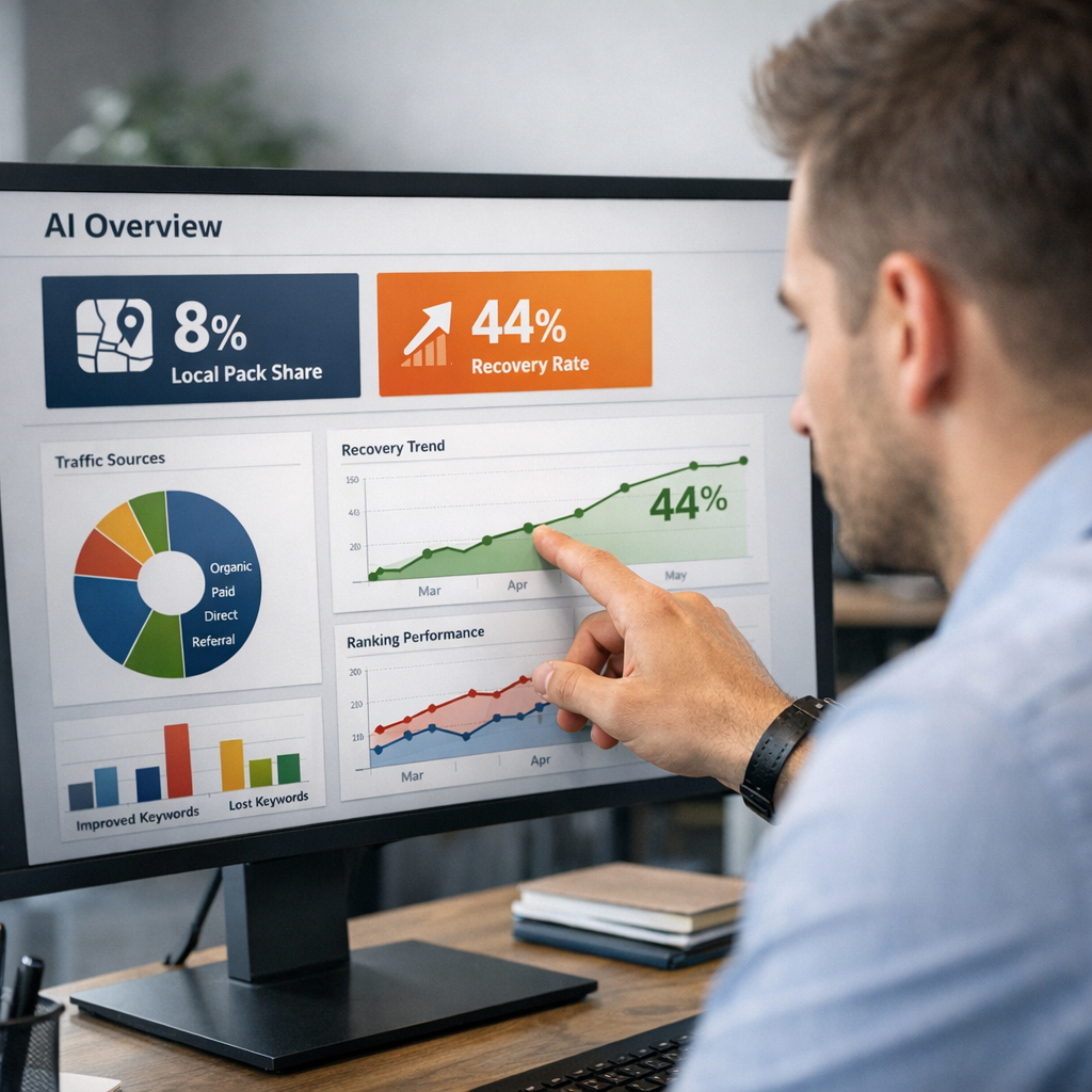 Professional business photography. 50-year-old Polish SEO consultant in navy suit advising 40-year-old female restaurant owner over table with tablet showing FAQ list. Focused conversation, professional setting with bookshelves, muted beige and navy color scheme, soft warm light. NOT cartoon, NOT illustration