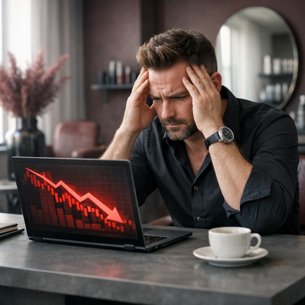 Professional business photography. 40-year-old Polish man salon owner seated at a gray minimalist desk, looking stressed at laptop screen showing a red downward trend chart. Hands on head, muted burgundy decorations, soft natural window light, focused mood. NOT cartoon, NOT illustration