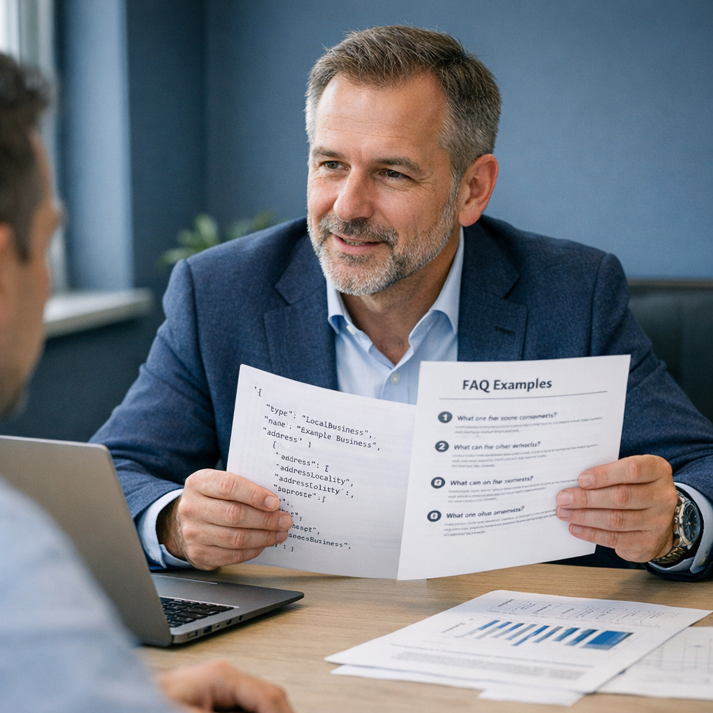 Professional business photography. 35-year-old Polish woman entrepreneur at a clean white desk in a modern office, confidently editing a website FAQ section on her laptop with schema code snippets visible. Rolled sleeves, green plant, warm natural afternoon light, optimistic tone. NOT cartoon, NOT illustration