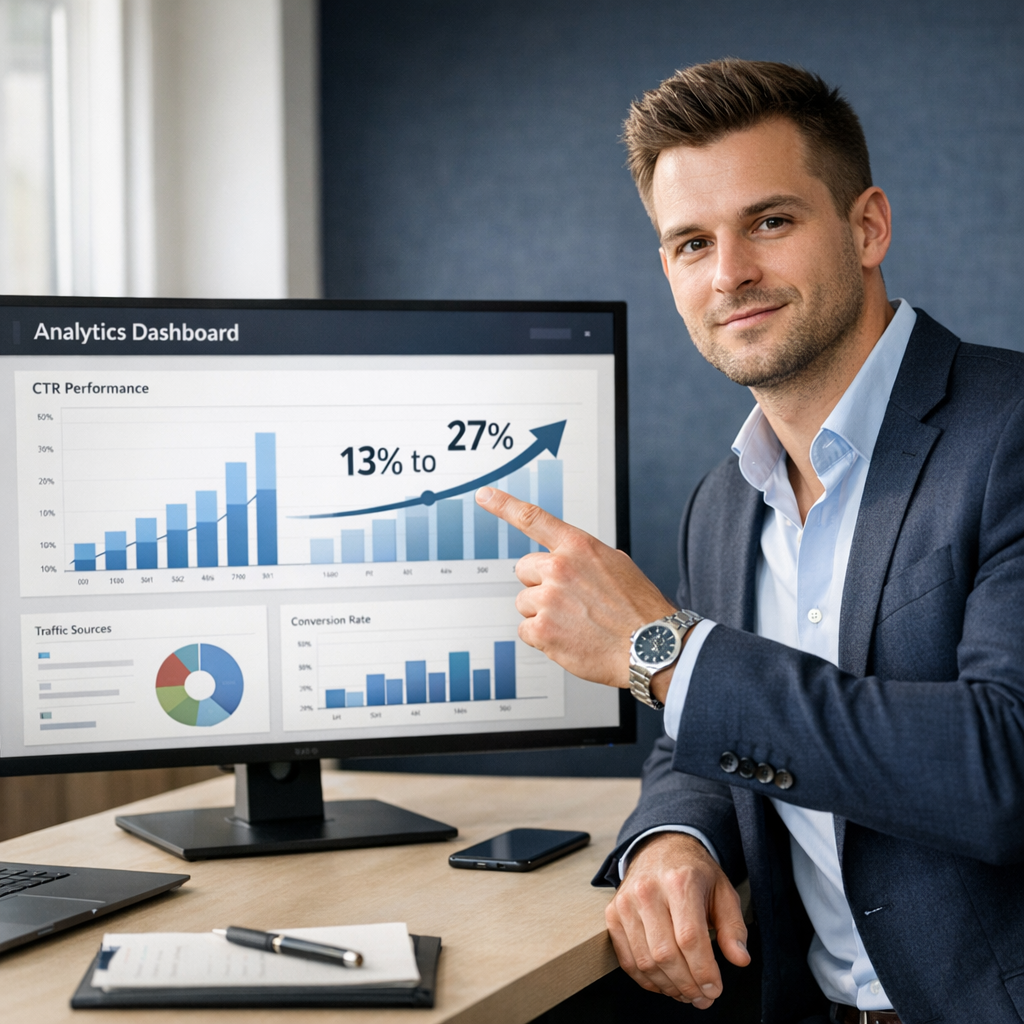 Professional business photography. 50-year-old Polish male SEO consultant and a small business owner seated at a beige conference table, reviewing printed FAQ examples and LocalBusiness schema code. Engaged discussion, navy blue office walls, natural daylight, collaborative professional atmosphere. NOT cartoon, NOT illustration