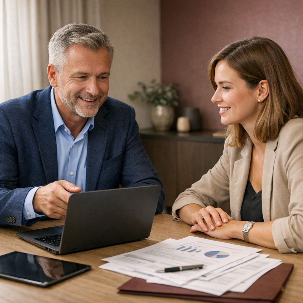 Professional business photography. Confident 35-year-old Polish male workshop owner implementing Microsoft Ads campaign on laptop, showing colorful rising graphs. Modern minimalist office with potted plant. Bright natural light, muted navy and white palette. Optimistic mood. NOT cartoon, NOT illustration