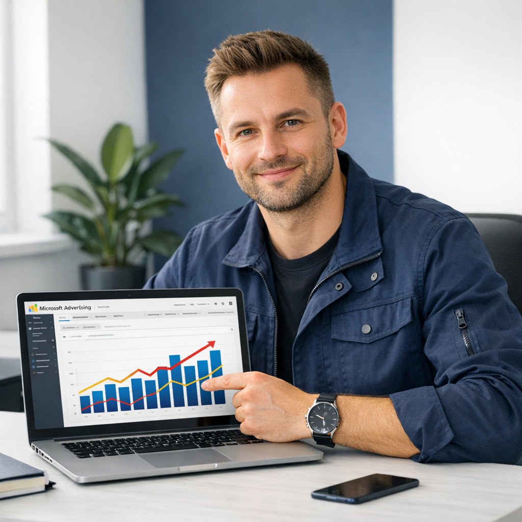Professional business photography. Close-up of laptop screen showing clean Bing Ads dashboard with bar and line charts comparing CPC costs, Polish locale. Desk with smartphone and glasses. Sharp focus on screen. Natural soft light, muted gray and navy. Analytical mood. NOT cartoon, NOT illustration
