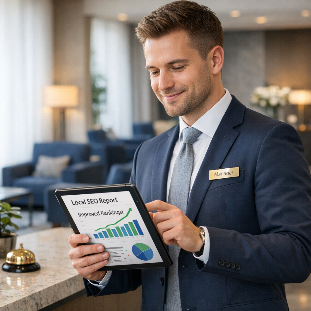 Professional business photography. Optimistic 30-year-old Polish male hotel manager standing confidently by reception desk, reviewing improved local SEO report on tablet, subtle smile. Clean modern lobby with navy seating, soft natural light, hopeful and forward-looking mood. NOT cartoon, NOT illustration