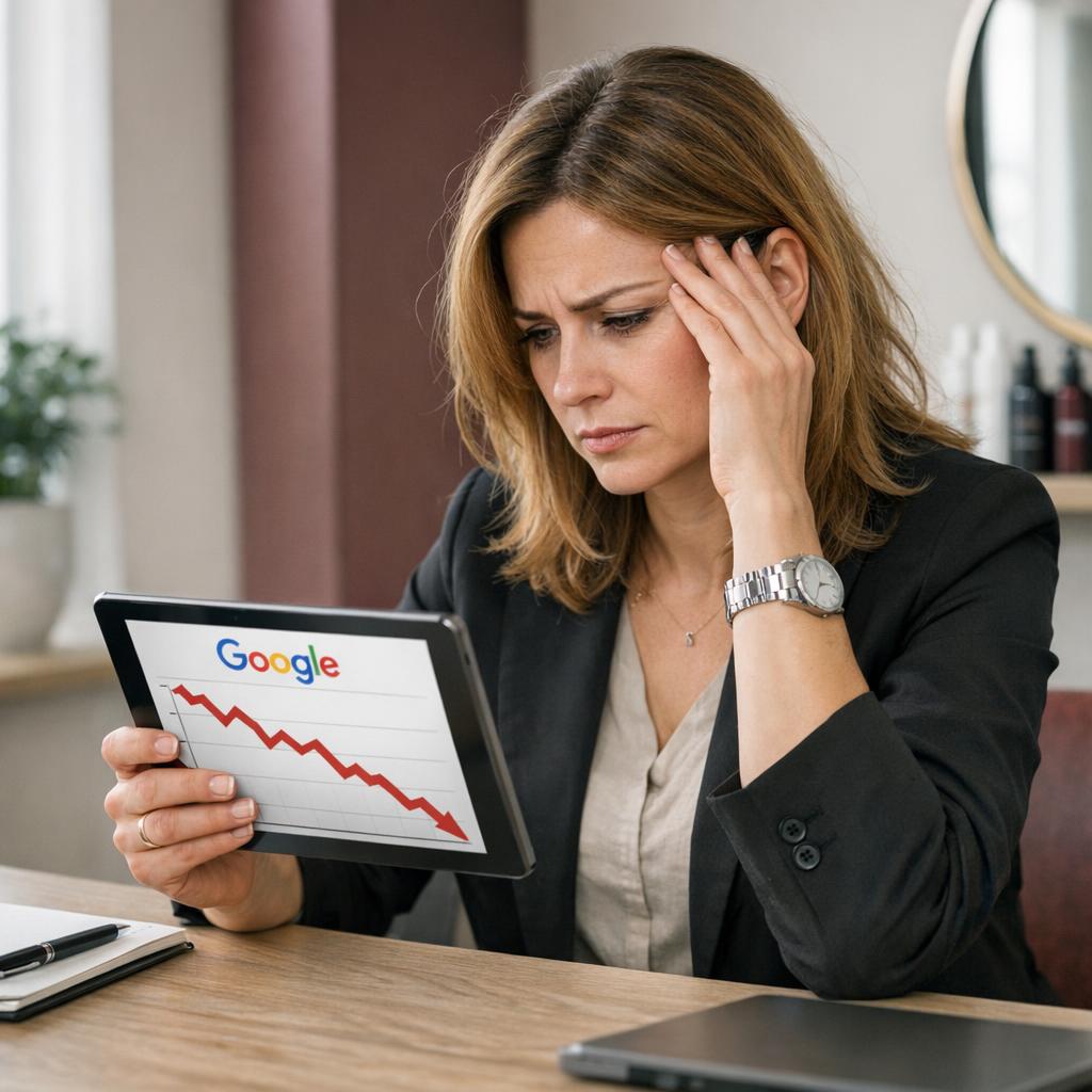 Professional business photography. Worried 40-year-old Polish female salon owner sitting at desk, looking at tablet displaying red declining Google ranking graph. Modern minimalist office corner, neutral beige and burgundy accents, natural window light from left. NOT cartoon, NOT illustration
