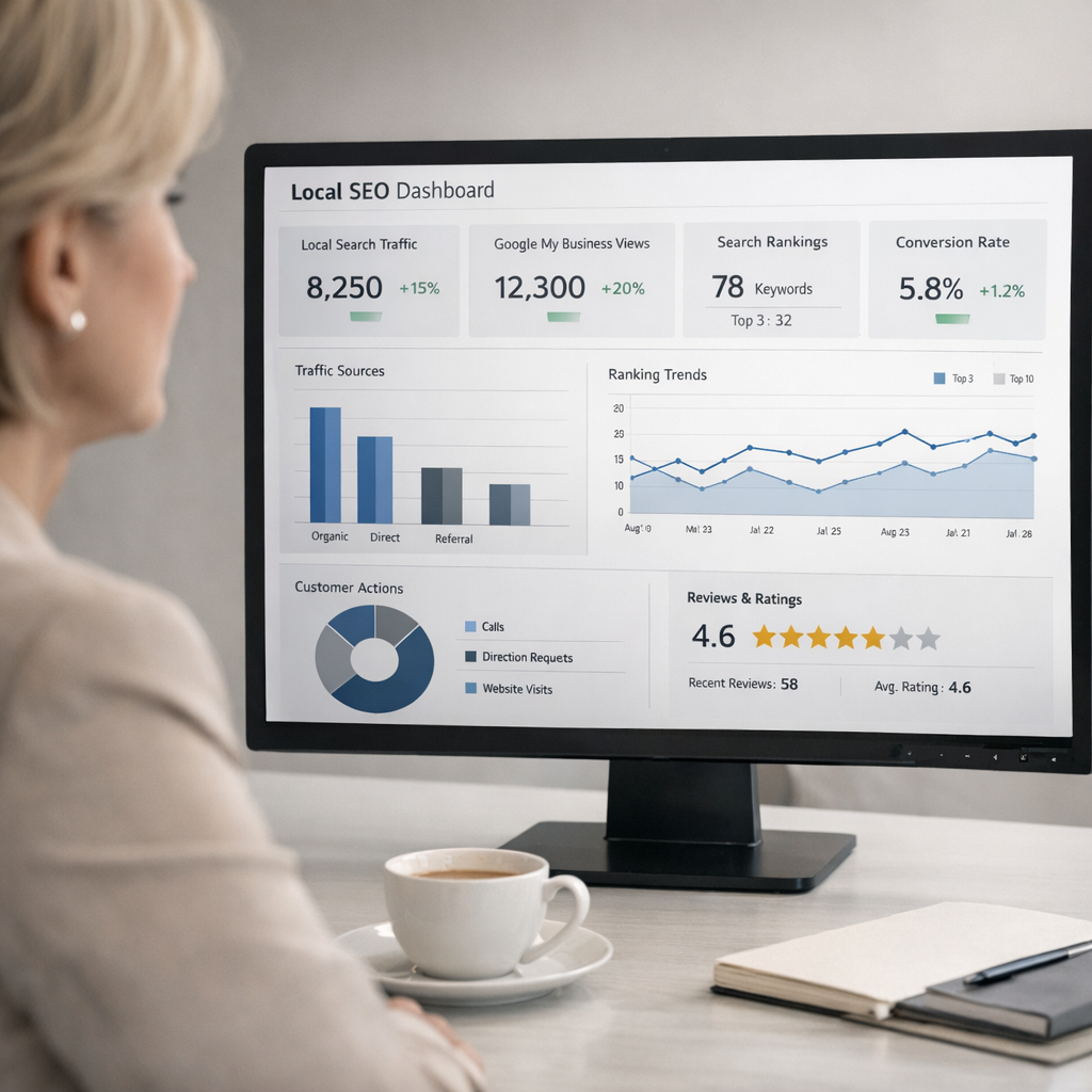 Professional business photography. 45-year-old Polish business consultant (female) advising a small hotel owner across a polished table, papers and tablet with SEO checklist. Warm beige interior, burgundy accents, focused professional atmosphere with natural side lighting. NOT cartoon, NOT illustration