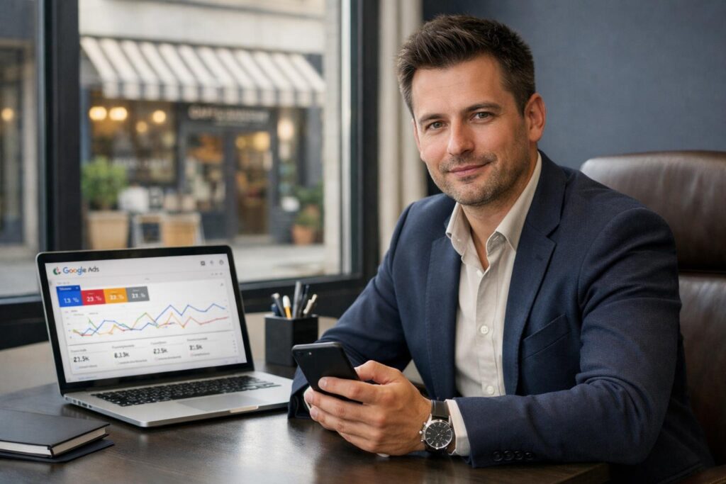Professional business photography. A 38-year-old Polish male entrepreneur sits at a sleek desk with laptop displaying a Google Ads dashboard and smartphone in hand. Modern office with local shop storefront visible through window. Natural light, muted navy and beige tones. NOT cartoon, NOT illustration