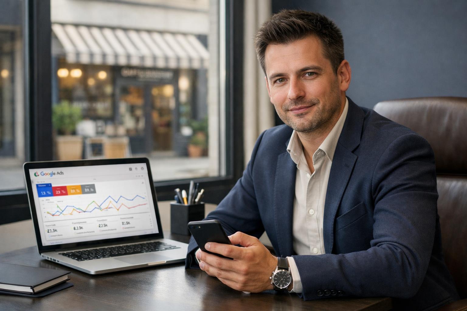 Professional business photography. A 38-year-old Polish male entrepreneur sits at a sleek desk with laptop displaying a Google Ads dashboard and smartphone in hand. Modern office with local shop storefront visible through window. Natural light, muted navy and beige tones. NOT cartoon, NOT illustration