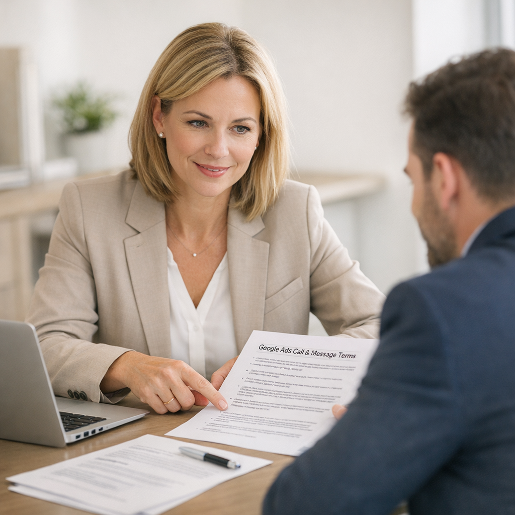 Professional business photography. A 45-year-old Polish female consultant at a modern conference table reviews Google Ads call/message terms with a client. Open documents and laptop, beige-white decor, soft natural light, collaborative, guidance-focused mood. NOT cartoon, NOT illustration