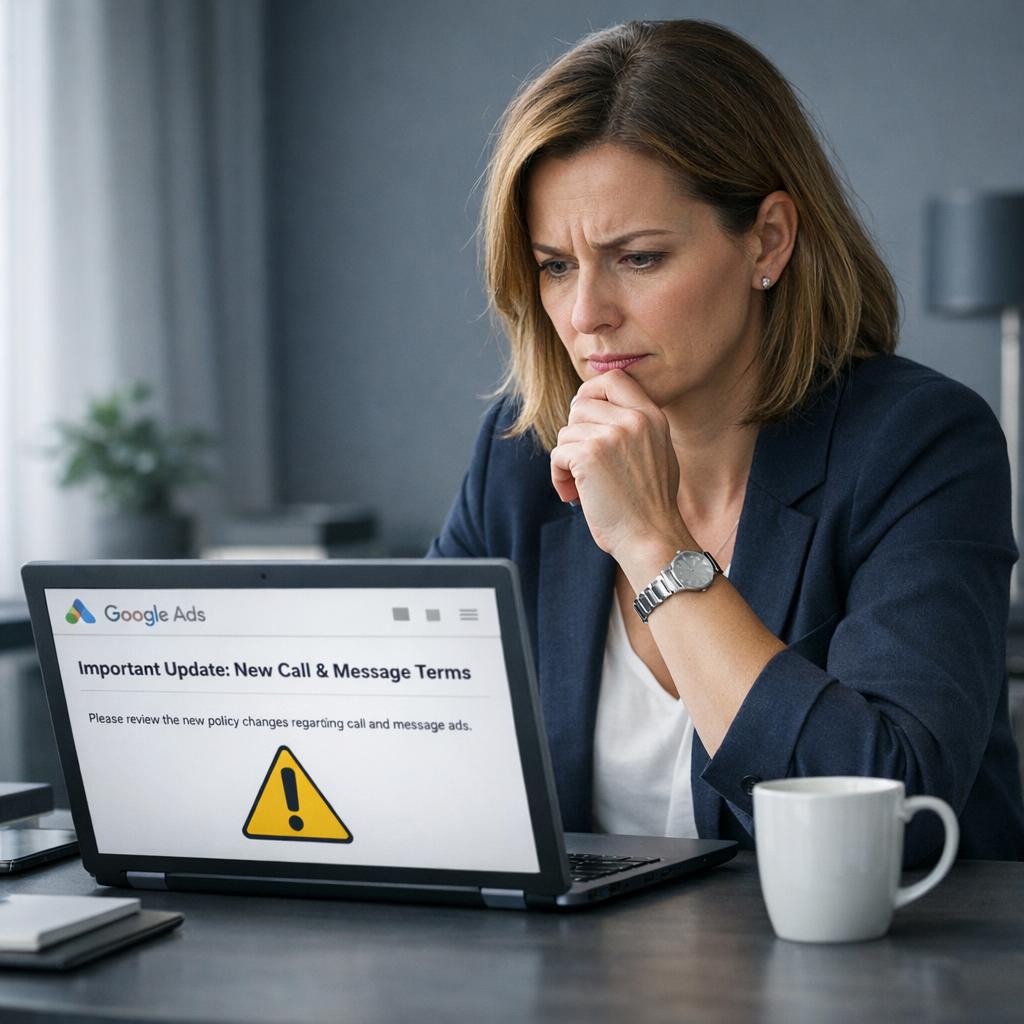 Professional business photography. A 42-year-old Polish woman at a minimalist desk reads a Google Ads email about new call/message terms on her laptop showing a warning icon. Worried expression, muted navy and gray interior, soft natural window light. NOT cartoon, NOT illustration