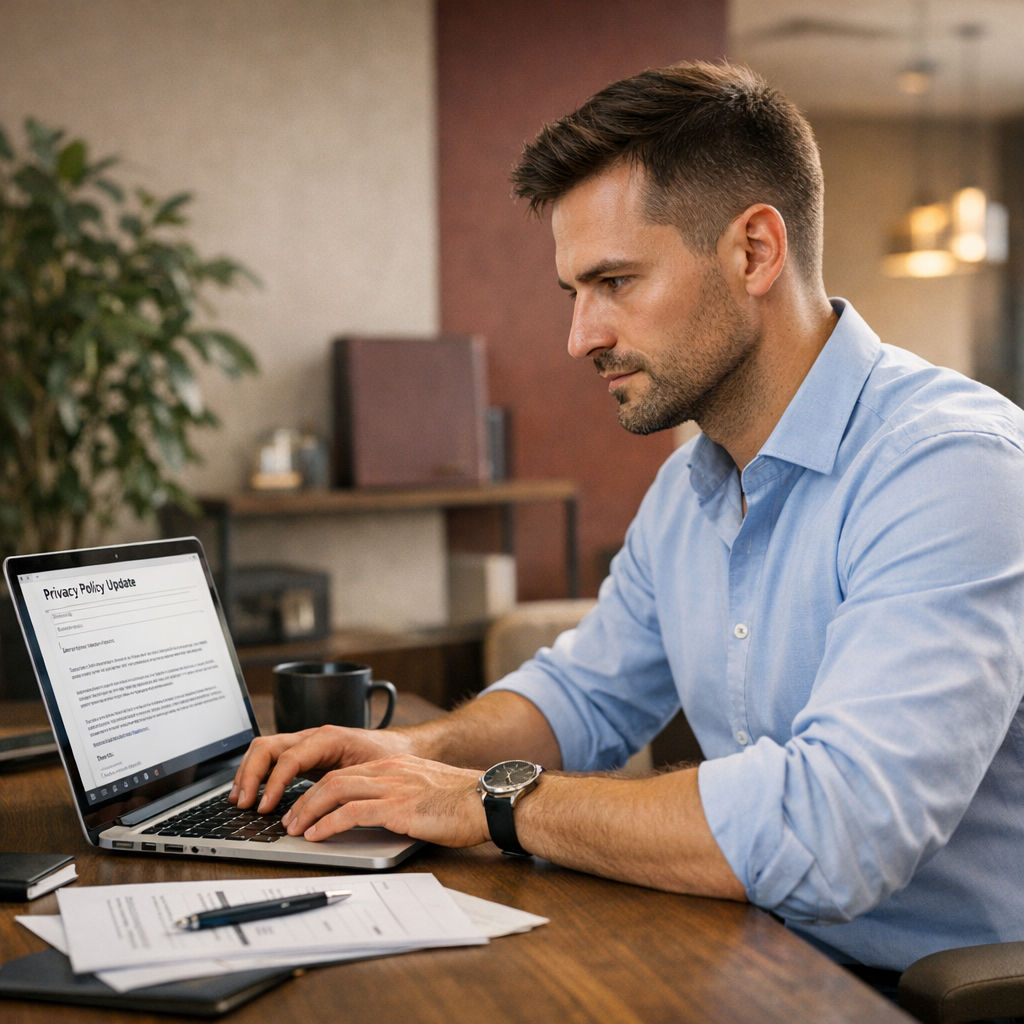 Professional business photography. A 30-year-old Polish woman analyzes a clean analytics dashboard on a desktop monitor showing charts with a 43% drop and subsequent growth. Modern desk with coffee cup, navy-gray palette, soft daylight, sharp focus on the screen. NOT cartoon, NOT illustration
