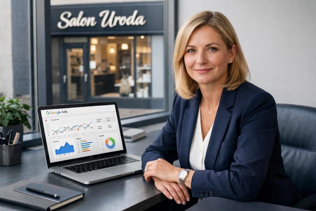 Professional business photography. Middle-aged Polish business owner (45-year-old woman) in a modern office with her local salon storefront visible through a large window, laptop open to Google Ads mix dashboard, clean desk in muted gray and navy tones, soft natural window light. NOT cartoon, NOT illustration