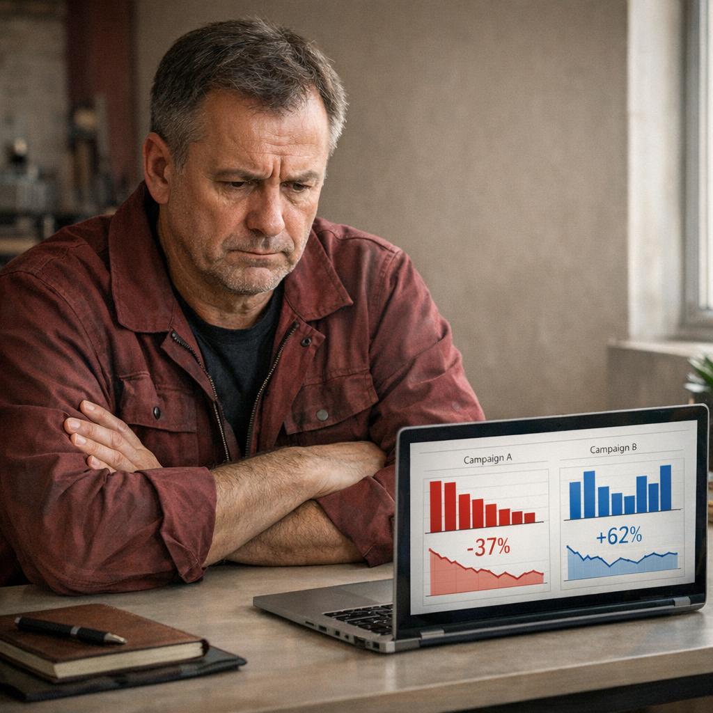 Professional business photography. Worried Polish workshop owner (50-year-old man) at a minimalist desk, laptop displaying red and blue Google Ads campaign comparison charts, furrowed brow and folded arms, muted burgundy and beige tones, natural side light through window. NOT cartoon, NOT illustration