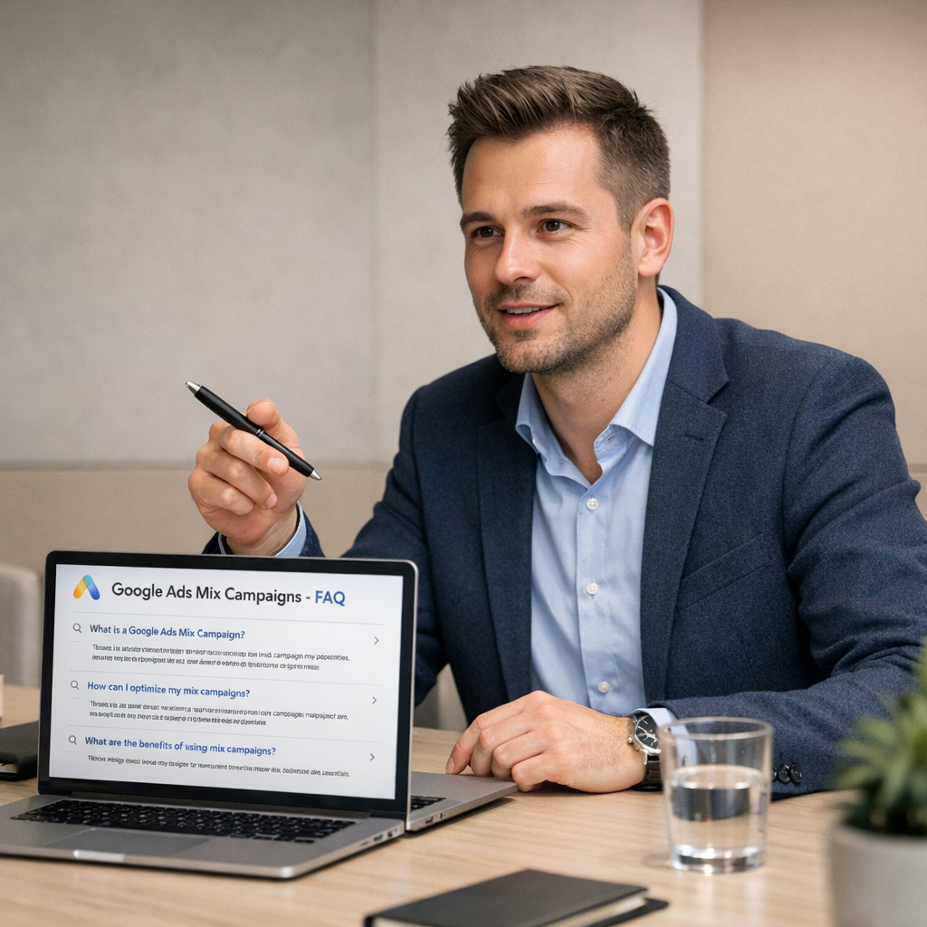 Professional business photography. Confident Polish restaurant owner (38-year-old woman) holding a tablet showing implemented Google Ads mix results with upward green trend line, standing in a modern café interior, muted white and navy color scheme, warm natural light from overhead skylight. NOT cartoon, NOT illustration