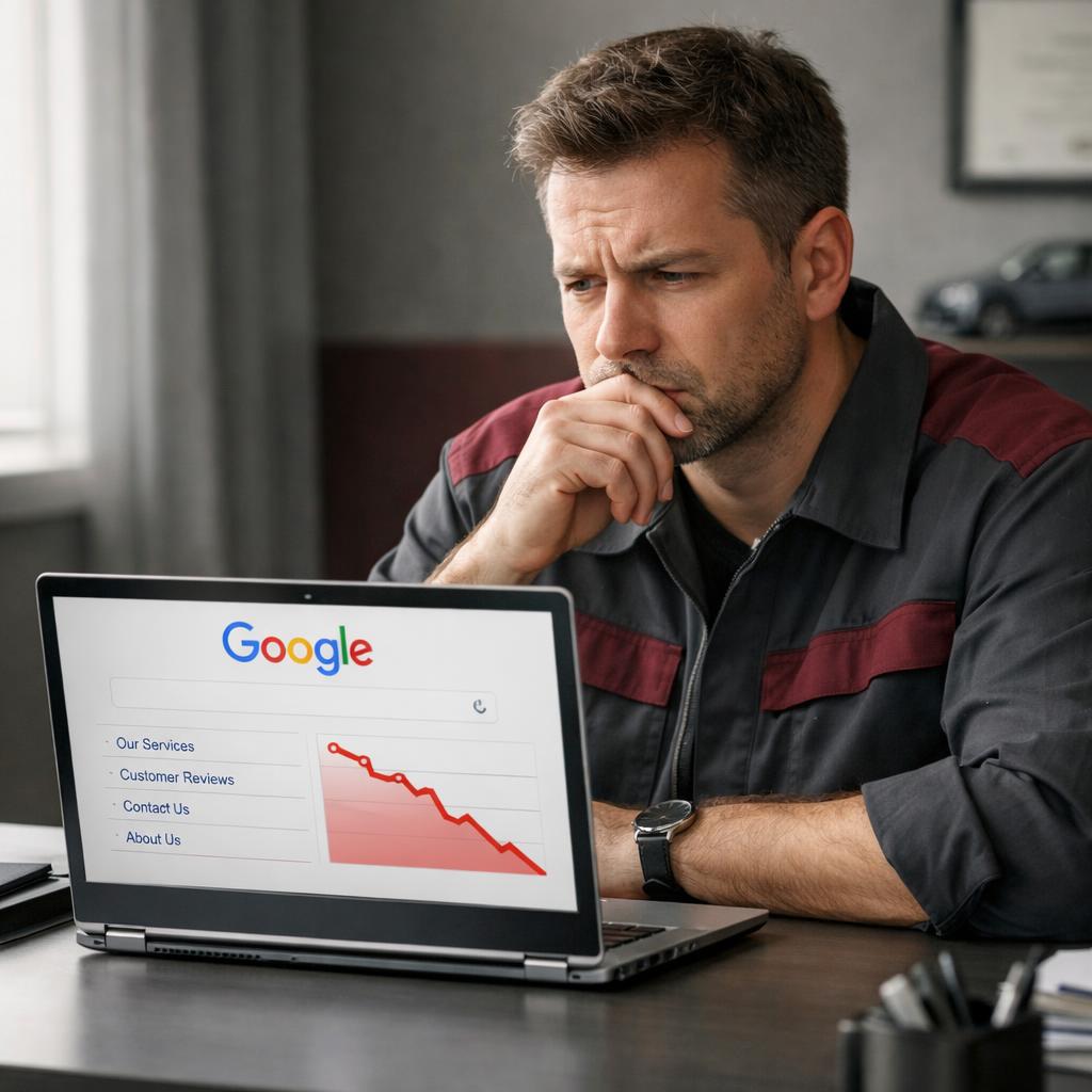 Professional business photography. 40-year-old Polish car workshop owner (man) sitting at a minimalist office desk, laptop screen displaying Google search with only four sitelinks and a red declining traffic chart. Concerned expression, muted gray and burgundy palette, soft window light from left. NOT cartoon, NOT illustration