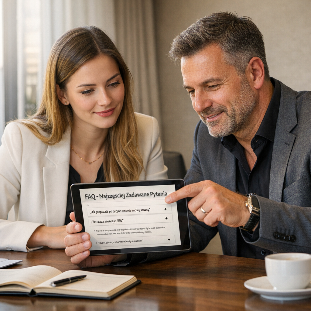 Professional business photography. 35-year-old Polish salon owner (woman) at a modern desk updating her website menu on a laptop showing clear Polish labels “Cennik” and “Rezerwacja online” in WordPress dashboard. Determined smile, clean white and light gray office, natural overhead light. NOT cartoon, NOT illustration