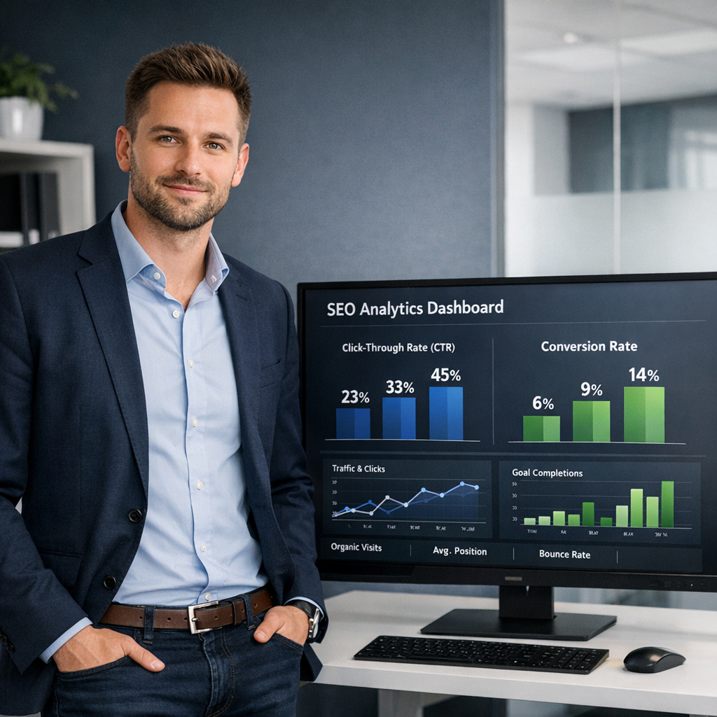 Professional business photography. 28-year-old Polish SEO consultant (woman) and 45-year-old Polish salon owner (man) seated at a conference table, reviewing a tablet showing a Polish FAQ layout. Engaged expressions, warm beige and gray tones, morning light filtering through window, professional atmosphere. NOT cartoon, NOT illustration