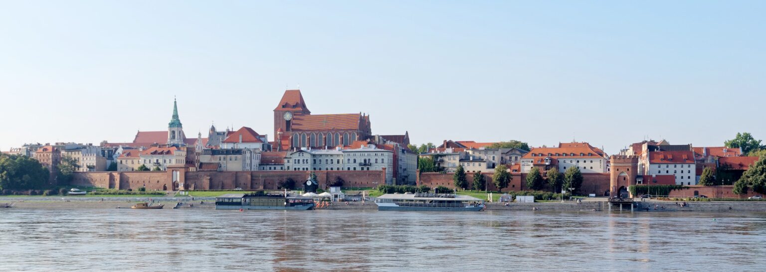 Szeroka panorama Torunia znad Wisły; reklamy Google Ads dla firm z Torunia