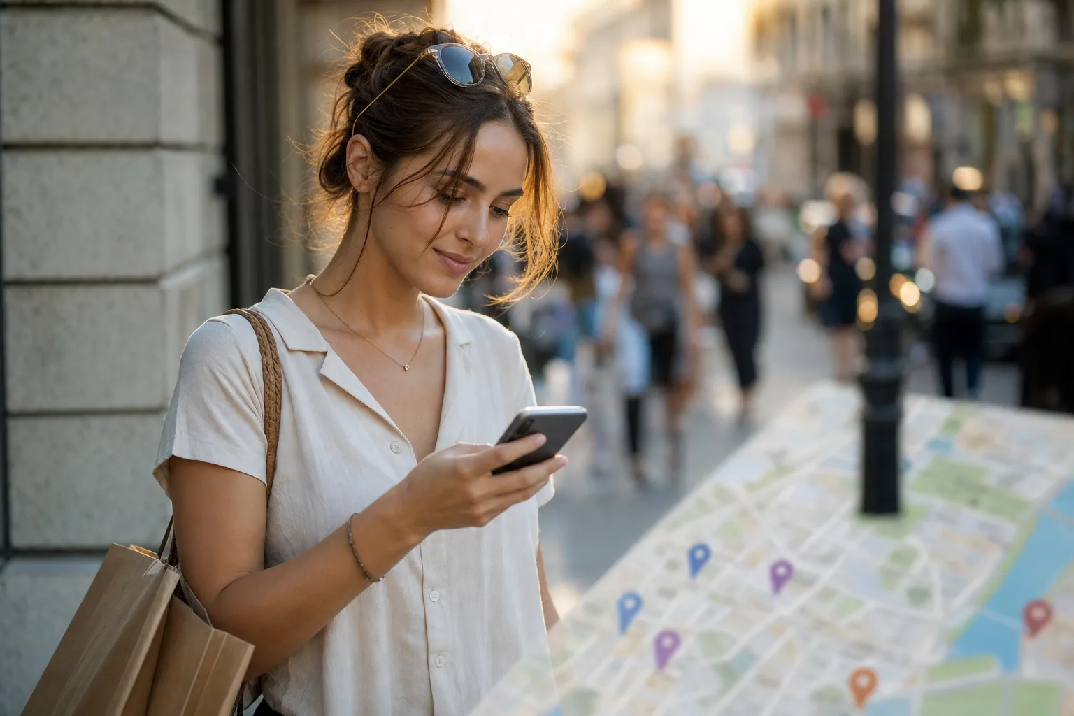 Klientka szuka lokalnej firmy na mapach w telefonie