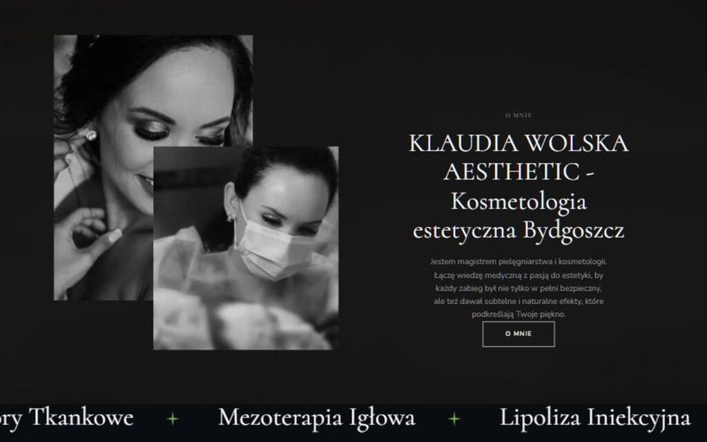 Strona wolska-kosmetologia.pl: ciemna sekcja z czarno-białymi zdjęciami z zabiegów