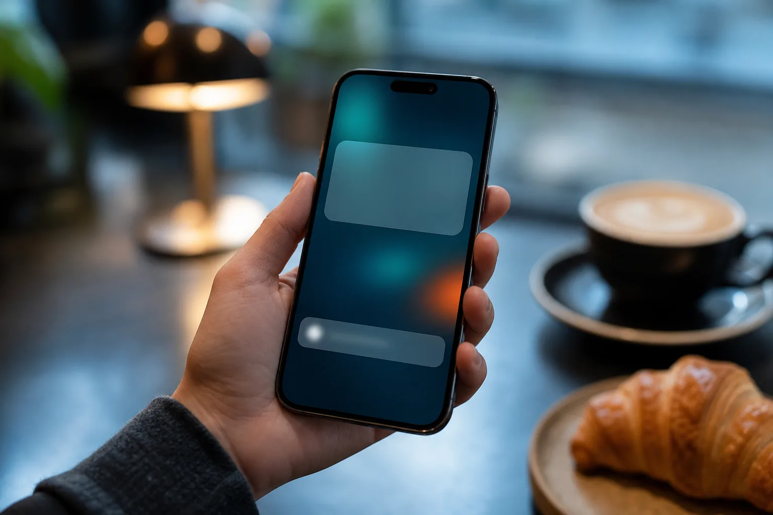 Telefon z odpowiedzią czatu AI i oddzielną kartą reklamy pod nią, w kawiarni