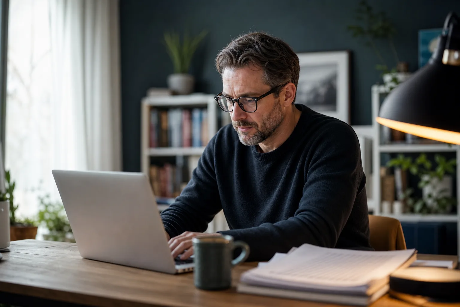 Copywriter freelancer pisze przy laptopie w domowym biurze — za pierwszymi drzwiami kupujesz sam tekst
