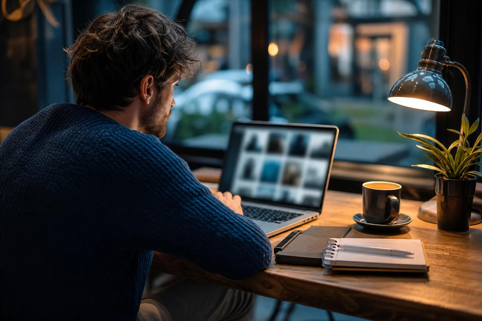 Freelancer pracuje nad profilem firmy na laptopie w kawiarni