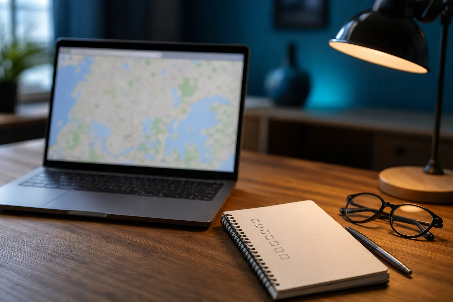 Laptop z aplikacją map i notes z pustą listą kontrolną do diagnozy wizytówki