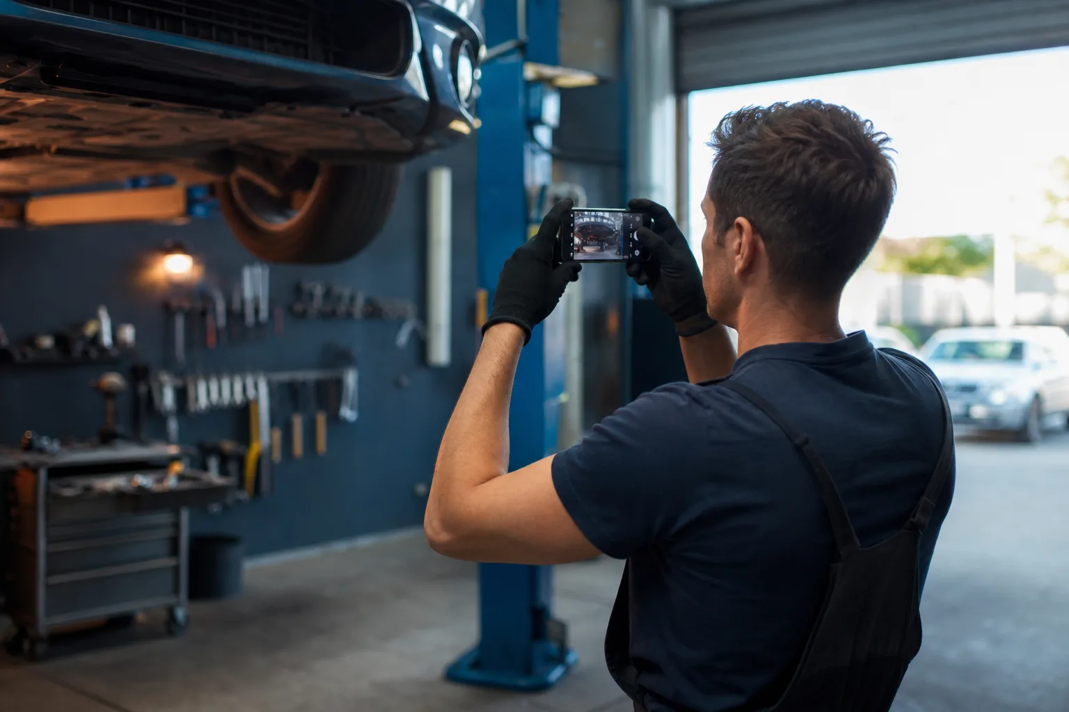 Mechanik fotografuje telefonem auto na podnośniku w czystym warsztacie